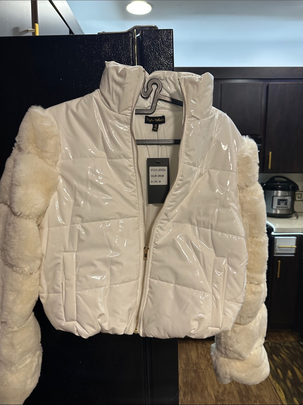White Faux Fur Sleeve Glossy Puffer Jacket - Taylor & Haskell